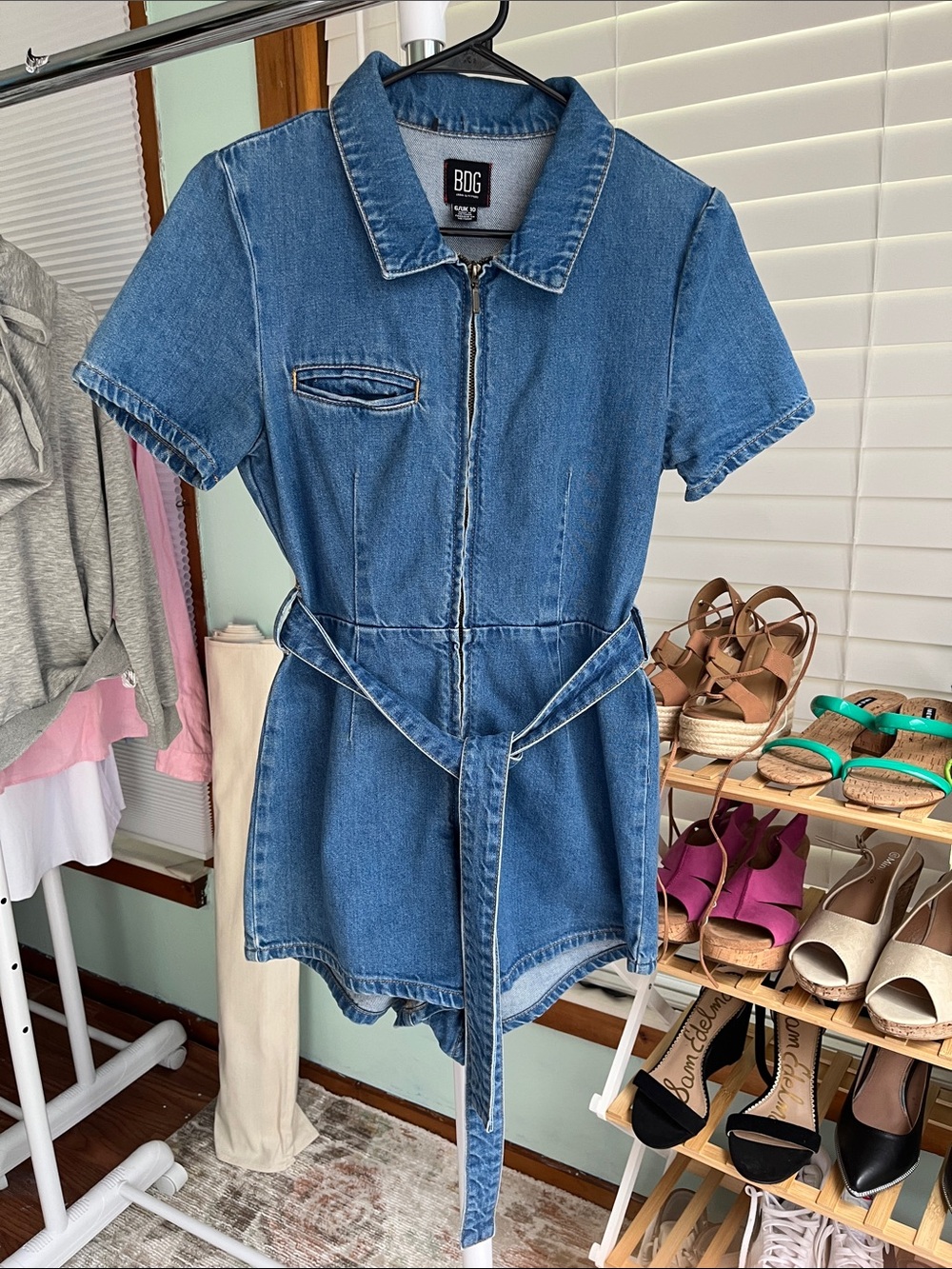 bDG urban outfitters denim zip-front belted romper